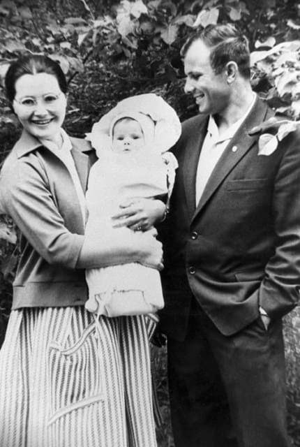 Yuri Gagarin with his wife and newborn daughter. Orenburg, 1959, before enlisting in the cosmonaut corps.