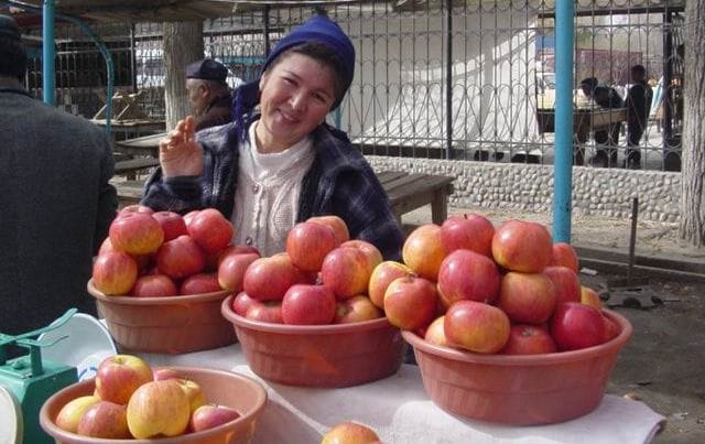 A girl sells apples at the bazaar in Baiseit.