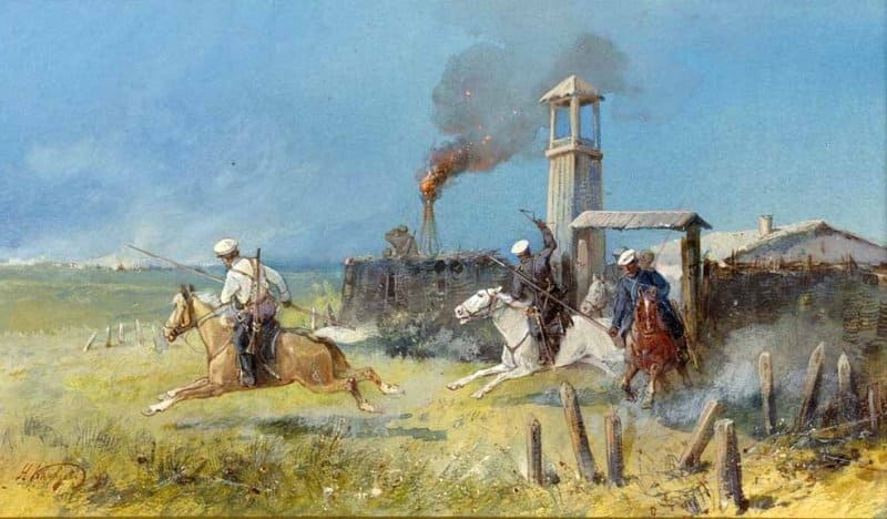 Художник Николай Николаевич Каразин. «Тревога в крепостном редуте». На картине изображено нападение кокандцев на казачий выселок Узун-Агач. 1860 год.