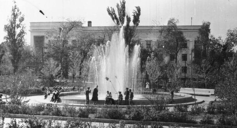 The fountain on Old Square in Almaty stood on the site of today's Astana Square (formerly Military Square). Fountains have always been an important part of Almaty's urban culture. This fountain, like many of the old city fountains, was intimate and quiet, making it a favorite spot for locals. 1957. Photographer unknown.