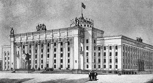 Pre-war project. The building was to be crowned with a dome. Sculptures were provided on the portico of the south facade.