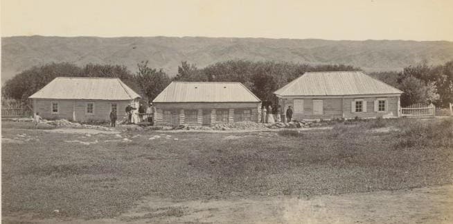 Arasan. Nikolai Krekov. Buildings at the Arasan mineral springs. 1877-1878. Currently: Arasan mineral springs. From the series "Views and Types of the Semirechye Region and the Kulja District, 1877–1878."