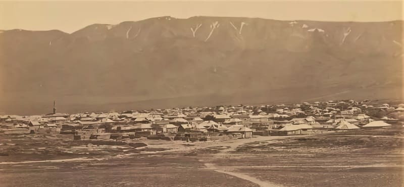 Nikolai Krekov. The photograph from 1877-1878 shows a general view of the town of Kopal set against a mountain panorama (there is also a second part to the photograph titled "Semirechye Region. Town of Kopal").