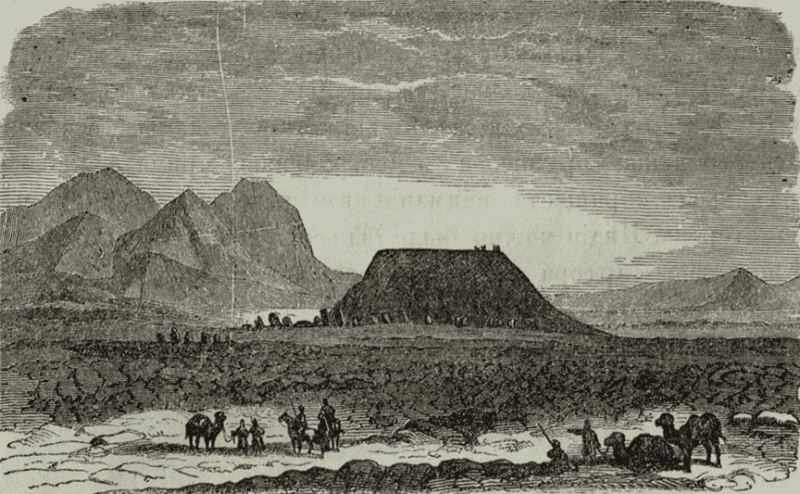 "Ancient burial mound and altars near Kopal." Thomas William Atkinson sketched this landscape during his travels through Semirechye between 1848 and 1853; the engraving itself was published in his book in 1860.