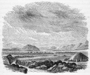 T. W. Atkinson. Kopal before the onset of winter; a large burial mound and ancient stone figures (altars) in the vicinity, sketched by the British architect and traveler Thomas Witlam Atkinson during his expedition across Semirechye and the Kazakh steppes in the mid-19th century. 1858.