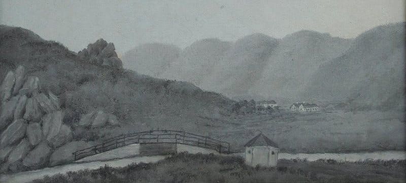 Koksu. P. M. Kosharov. View of the bridge over the Koksu River and the Koksu settlement. 1857.