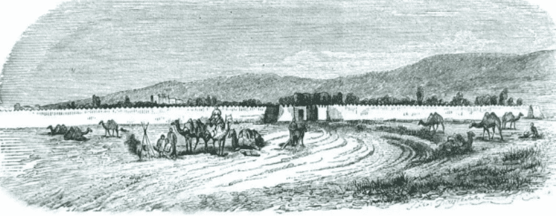 Outer wall of the Chimkent fortification. This engraving is taken from the famous illustrated publication by Orientalist and traveler Pyotr Ivanovich Pashino, titled “The Turkestan Region in 1866: Travel Notes”. The book was printed in St. Petersburg in 1868. A team of artists and wood-engraving craftsmen worked on the design of the original edition: the landscapes were created by artist Alexander Gine, while the drawings themselves were carved into wood by the renowned engraver August Daugel, based on sketches by V. Kryukov.