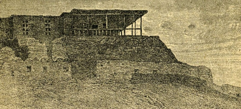 An antique engraving showing the citadel (fortress) of Shymkent (formerly Chimkent), created from a drawing by artist Hubert Clerget during Vasily Vereshchagin’s travels through Central Asia in 1867-1868.