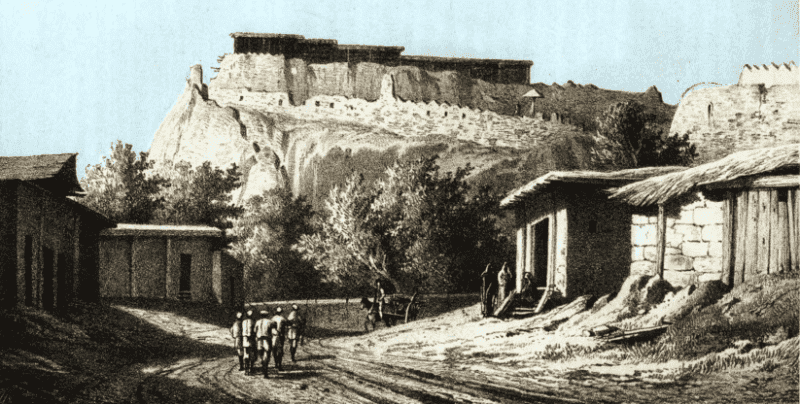 The ancient fortress (citadel) of Chimkent, situated on high ground, with the adjacent adobe structures of the Old City. Drawing by D. V. Velezhev, from the book “Turkestan Region in 1866” by P. I. Pashino. 1866.