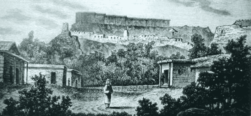 The ancient fortress (citadel) of Chimkent viewed from the Old City. Drawing by D. V. Velezhev, from the book “Turkestan Region in 1866” by P. I. Pashino. 1866.