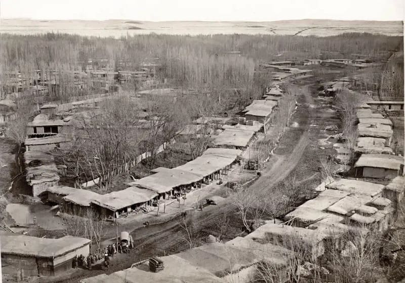 View of old Shymkent (Chimkent) in the second half of the XIXth century. In the original source (the A. L. Kun collection at the National Library of Uzbekistan and the U.S. Library of Congress), this photograph is located in the geographical section dedicated to the city of Chimkent (western part of the city, view from the citadel).