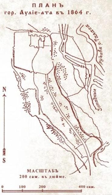 Первый план города Аулиеата был снят военными инженерами в 1864 году и приложенному к историческому обзору Туркестана А.М. Макшеева.