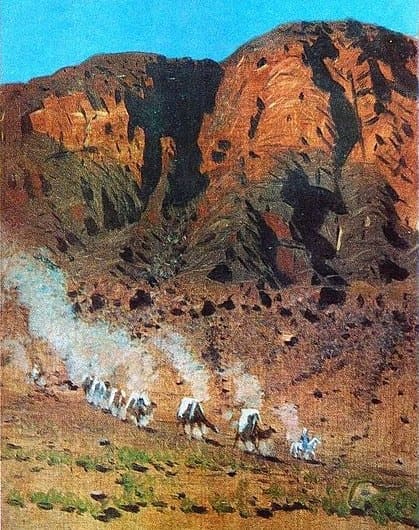 "The mountains surrounding the Lepsinskaya village." 1869 – 1870 Artist Vasily Vasilievich Vereshchagin. The painting is kept at the State Museum of Arts of Kazakhstan named after A. Kasteev. Now the painting is in storage. In 1869, Vasily Vereshchagin visited Semipalatinsk on his way to Tashkent and traveled for a long time around Semirechye, visiting the territory of neighboring China.
