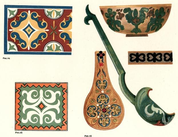 Fig. 44. Ornamental motif of wood painting. The general composition of the circle is a rosette in a rectangle. Bayan-Aul district. Fig. 45. Ornamental motif of painting on wood. Below is a reproduction of a wood carving from the village of Shapan, Bayan-Aul district. Fig.  46. Painted wooden ladles. Akmola district.
