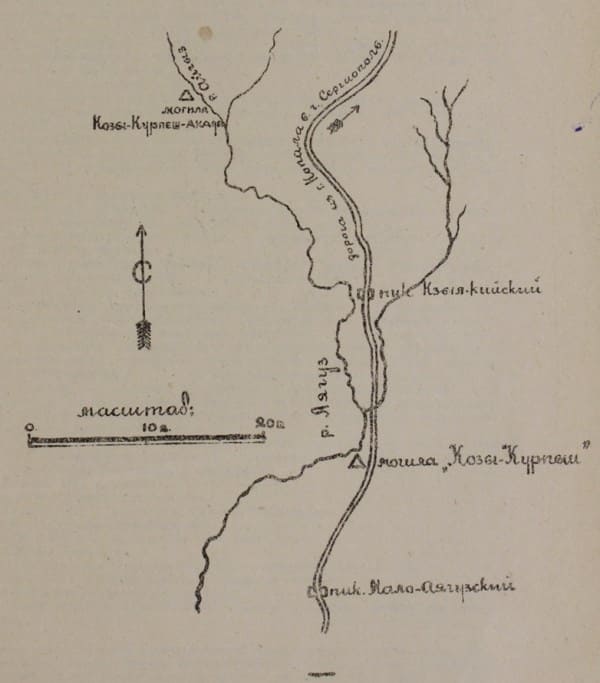 Ориентировочная карта местоположения памятника-могилы «Козы-Курпеш» в Семипалатинском округе Казакской АССР.