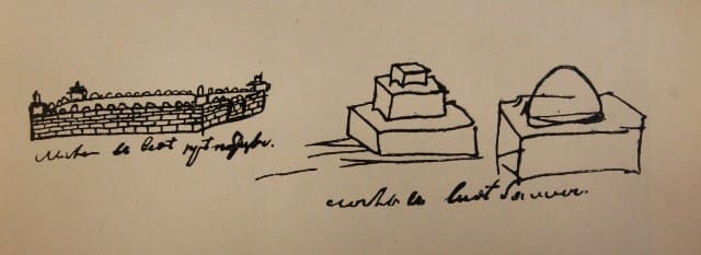 Plan and section of the Butagay mausoleum on the Nura River (XIII - XIV centuries). Ink. 1862 Drawing by Chokan Valikhanov.