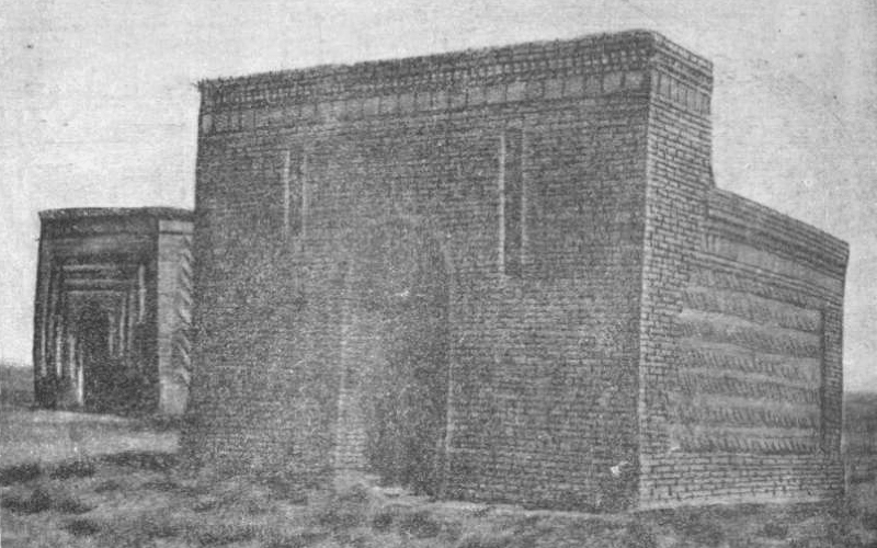 Mausoleums (left to right) of Zhuzden and Kustabay. Photo by G.G. Gerasimov. 1947.