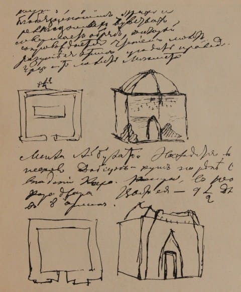 Plan of the mausoleums of Zhuban an and Aitbulat. Types of Kazakh tombstones. Feather, 1854. Drawing by Ch. Ch. Valikhanov.