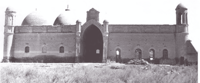 Kogam. Mausoleum-mosque of Arystan-Bab. 1900’s. Front fa£ade. Photo by A.P. Rasskazov. 1981. Photograph from the book: B.A. Baitanaev, Yu.A. Yolgin. "Religious Architecture of Southern Kazakhstan...", 2013.