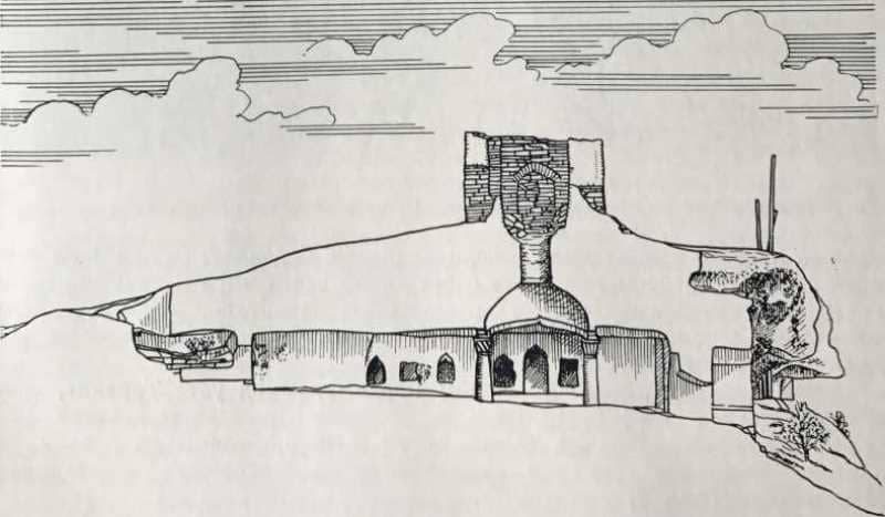 Мечеть Шакпа ата. Продольный разрез. Обмер 1973 года. Мендикулов М. М. «Памятники народного зодчества Западного Казахстана». Алма-Ата, Онер, 1987 года.