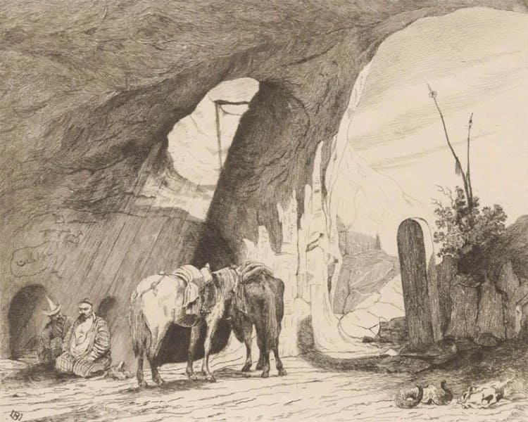 Бронислав Залесский. Могила киргизского святого Далисман-мулла-аулье. Офорт. 1865 год. По словам Залесского, она представляла собой маленькую пещеру, освещенную через отверстие в потолке и располагалась поблизости от горы Чир-Кала (Zaleski, p. 59 – 60). 