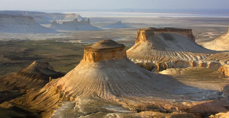 Bozzhyra valley. Helicopter view. Western cliff of the Ustyurt plateau. Mangystau region.