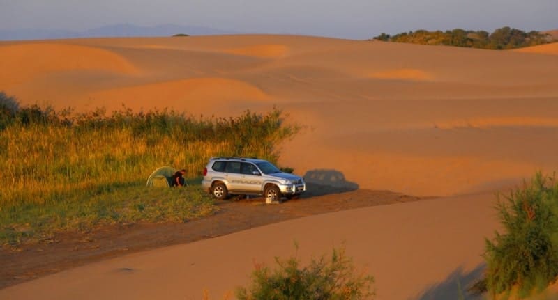 The Bolshie Barsuki Sands are located west of the Small Aral Sea and the northern end of the Large Aral Sea.