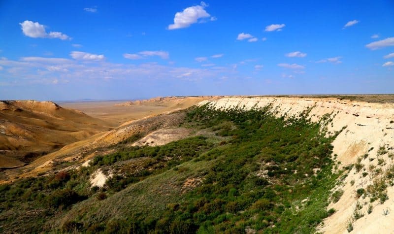 From the beginning of the Northern Cliff of the Ustyurt Plateau, for approximately 270 kilometers, the Cliff is called Donyztau, which extends north, northeast, and east for approximately 120 kilometers.