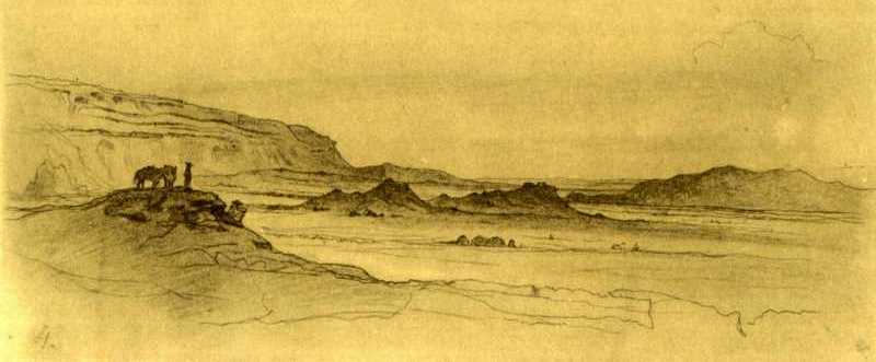 T.G. Shevchenko. The Apazir Valley (at foot of Mount Karatauchik, 80 kilometers from Novopetrovsk fortification). Tinted paper, pencil (16.6 × 29.4 cm). [1 – 20.VI 1851). https://www.t-shevchenko.name/ru/Painting/ExpeditionToKara-Tau1851/ApazyrValley.html
