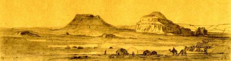 T. G. Shevchenko. Caravan near Chirkala-Tau and Kok-Suyru Mountains. Tinted paper, pencil (15.8 × 28.6 cm). (VII – 8.VIII. 1851).