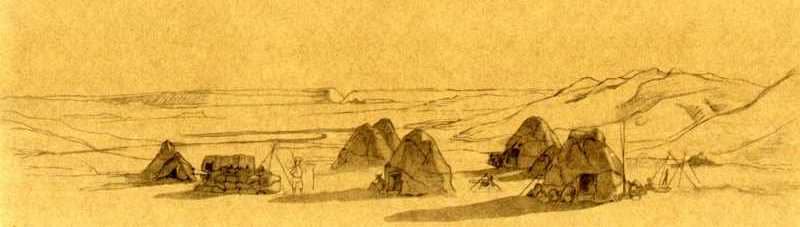 T. G. Shevchenko. Expedition Camp. Tinted paper, pencil (16.5 × 29.7 cm). (VIII. 1851).