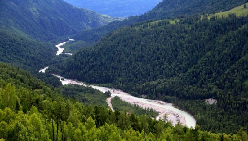 View of the Bukhtarma River from the road to Lake Rakhmanovskoye.