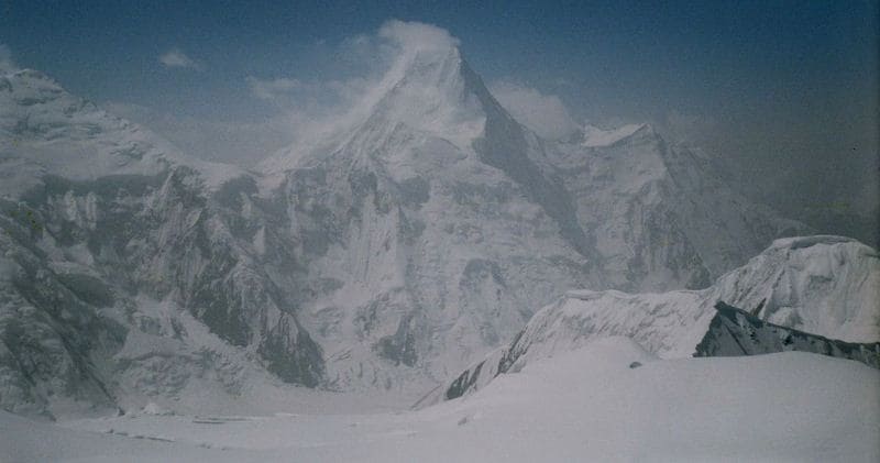 View from the east to Khan-Tengri peak from the top of the Marble Wall. 