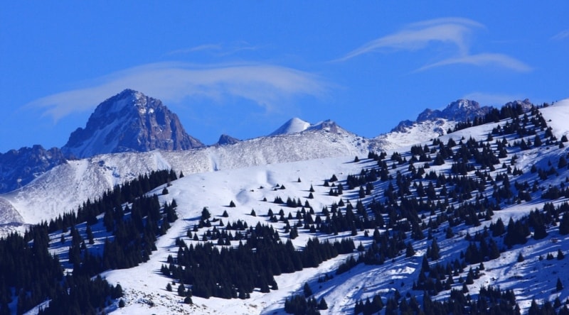 View of the Komsomol peak 4330.9 meters above sea level from the vicinity of the Aksai View of the Komsomol peak 4330.9 meters above sea level from the environs of the Aksai monastery.