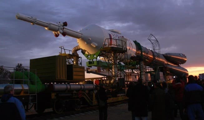 In the integration and test building the Soyuz.