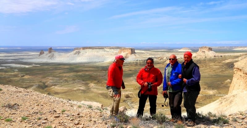 A group of tourists from Austria on a panoramic platform in Bozzhyra valley.