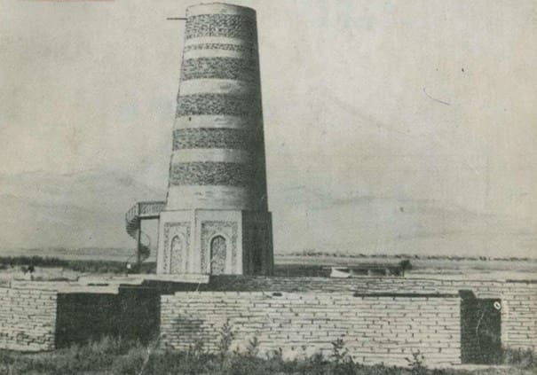 Burana. Part of museum exposition. In foreground are remains of third mausoleum.