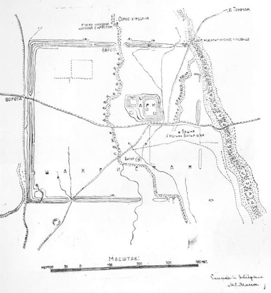 Burana ancient settlement. Schematic plan of central ruins. Survey by M.E. Masson. 1927.