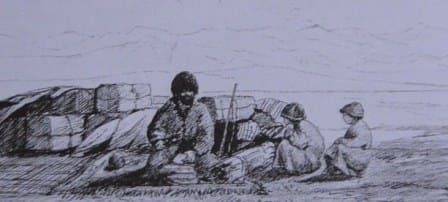 Маленькие киргизы возле лагеря исследовательской экспедиции. Рисунок конца XIX века.
