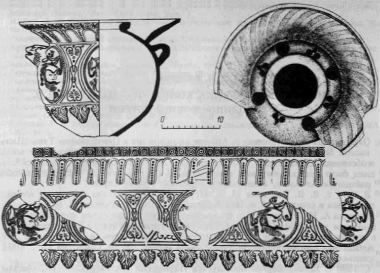 Согдийская курильница. Разрез. Вид сверху. Развёртка декоративных поясов.