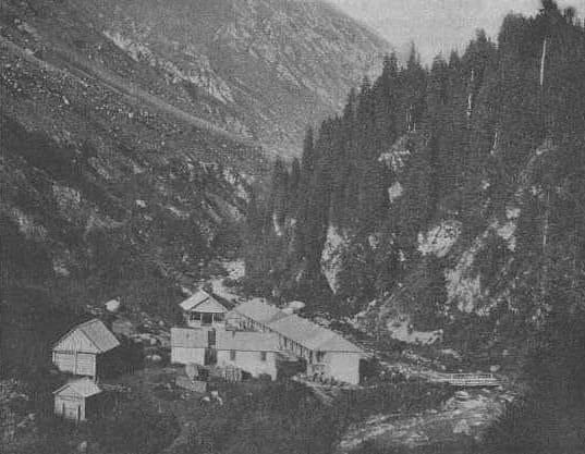 Aksu hot springs near the town of Przhevalsk. Tian-Shan spruce (Picea schrenkiana subsp. tianschanica) on the slopes. Photograph from the magazine *Razvedchik*. 1904.