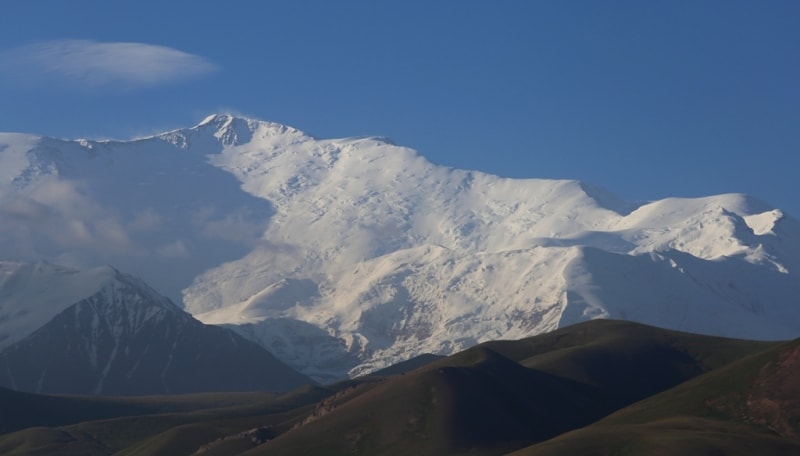 Panorama of Lenin Peak. 7134 meters above sea level. Zaali Range.