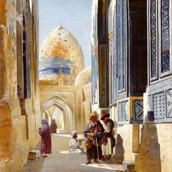Painting by the Russian artist Richard Karlovich Zommer (1866-1939). "Figures on the Street in Front of the Mosque" (or "Street Scene in Samarkand") and was painted approximately 1895-1900. The canvas depicts Kalander dervishes (wandering monks) at the mausoleums of the Shah-i-Zinda complex in Samarkand. The artist is known for his oriental motifs, capturing the everyday life and architecture of Central Asia in the late XIXth century.