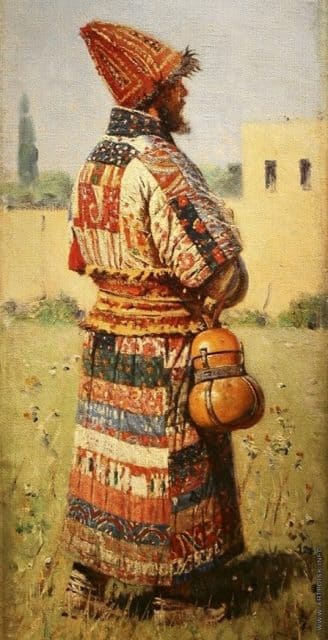 "Portrait of a Dervish." Vasily Vasilyevich Vereshchagin. Oil on canvas. Part of the artist's Turkestan series, inspired by his travels across Central Asia. The portrait depicts a dervish, a wandering Sufi (Muslim monk), dressed in a traditional colorful robe. The artist depicted the dervish holding a traditional vessel for water or alms. 