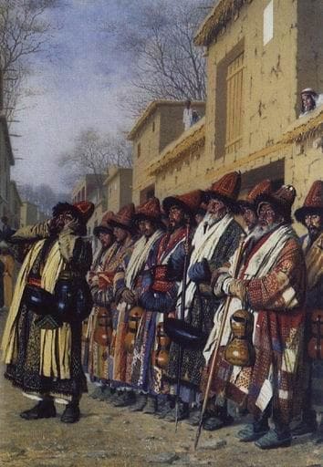 Vasily Vasilyevich Vereshchagin. "Chorus of Dervishes Begging for Alms. Tashkent." The painting was created in 1870 in the style of realism and orientalism.  It depicts wandering Sufis (dervishes) seen by the artist during his travels through Turkestan.