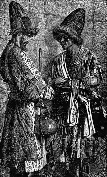 Engraving entitled "The Jews of Samarkand," based on the work of the Russian artist Vasily Vereshchagin. The engraving is an illustration from a book about travels through Central Asia in the late 19th century. It depicts two beggar dervishes (duvans) in traditional clothing and high headdresses. Vasily Vereshchagin created the painting "Beggar Dervishes-Duvans (Holy Fools)" in 1873 in a realist style. Similar images were often used in the literature of the time to illustrate the daily life of the peoples of the Turkestan Governorate-General.