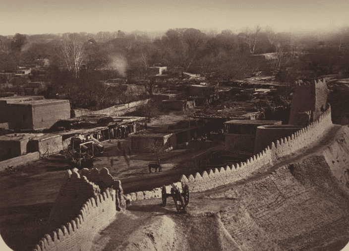 City of Khujand. The image is part of the famous "Turkestan Album," commissioned by the first Governor-General of Russian Turkestan, Konstantin Petrovich von Kaufman. The photograph shows the city's fortifications and market square. (1871-1872)