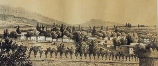 Lithograph (1860-1870). The city of Khujand, view from the fortress wall. The original drawing from life was done by L. Velyaminov. The lithograph was printed at the renowned Parisian establishment Lemercier. Such works were often included in the famous "Turkestan Album," compiled in 1871-1872 by order of the first Governor-General of Turkestan, K. P. von Kaufman. The approximate publication date of this series is 1872.