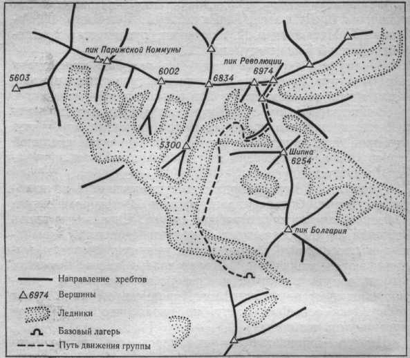 Схема вершин и хребтов пика Революции. Указан маршрут восхождения 1969 года.