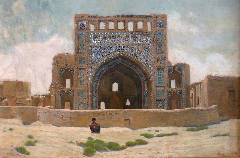 Konstantin Mishin. Mosque in Anau. 1900. Museum of Fine Arts of Turkmenistan named after Saparmurat Turkmenbashi the Great. 01 Transcaspian region. Ruins of a Persian fortress in Anau. From the photo, engraver M. Rashevsky. "Niva", No. 10, 1888.
